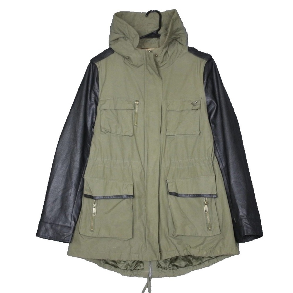 Steve Madden Women Olive Green Faux Leather Sleeve Anorak Utility Parka Jacket L